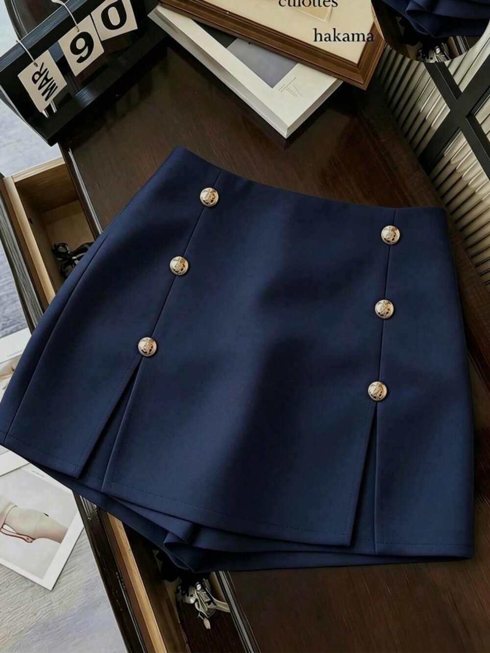 Navy Blue Casual Women's Metal Button Design Split Hem Skort